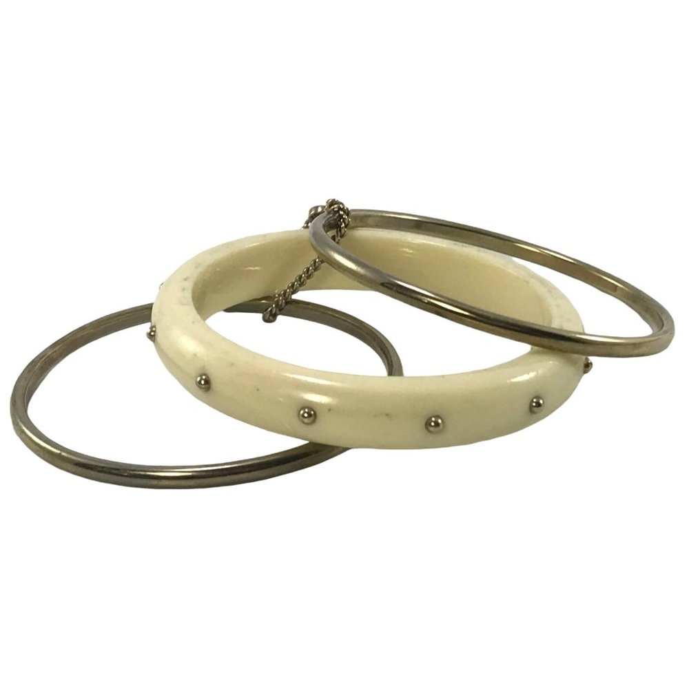 Vintage Signed Monet Bangle Bracelet Trio Cream Lucite and x 2 Gold Tone Metal